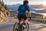Rear three-quarter view of a cyclist showing the Wormhole back and pocket fields. AI visualization.