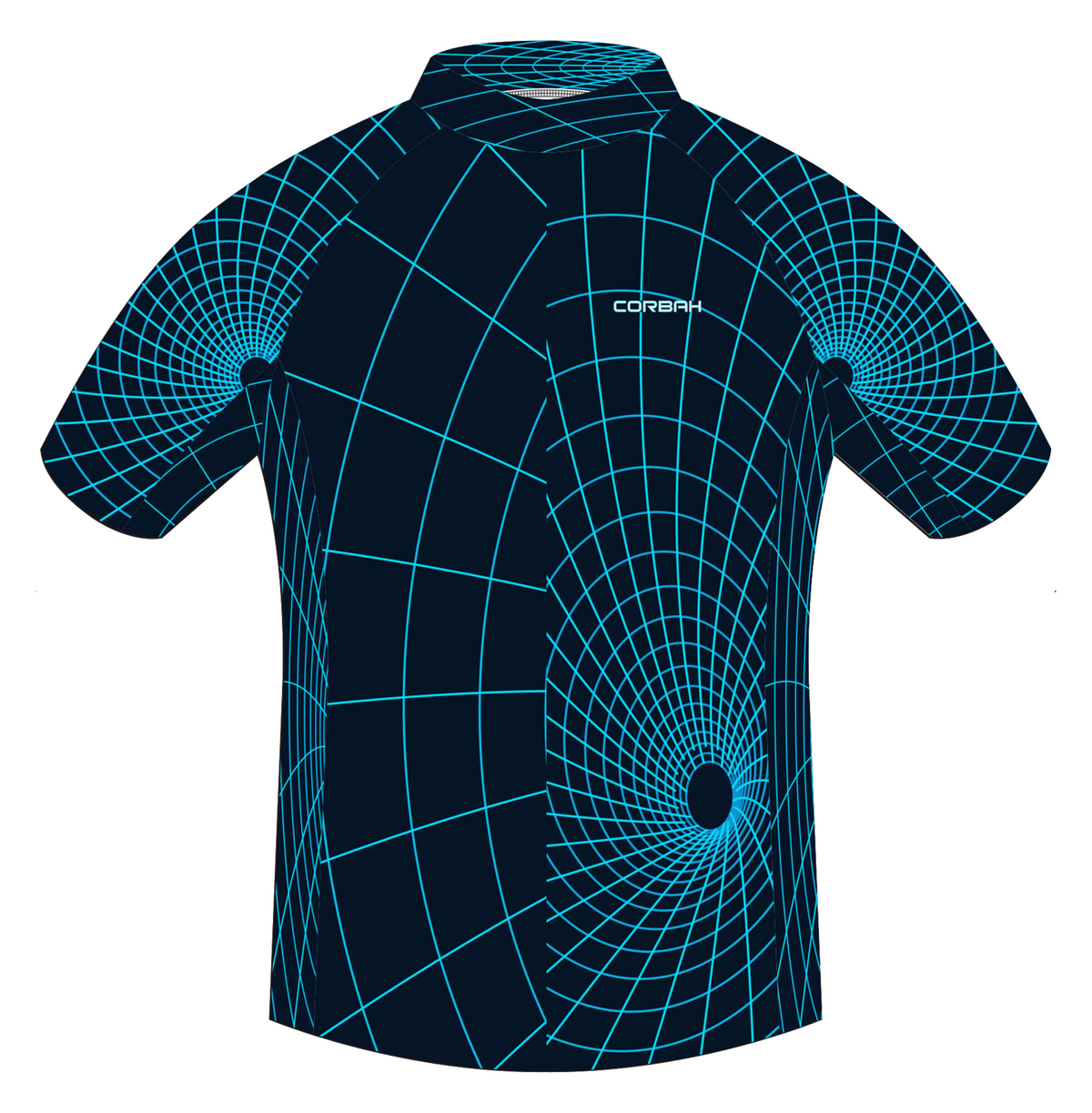 Front artwork of the Wormhole jersey: cyan wireframe tunnels on midnight navy.