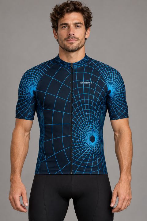 Front-facing studio model wearing the Corbah Wormhole cycling jersey.