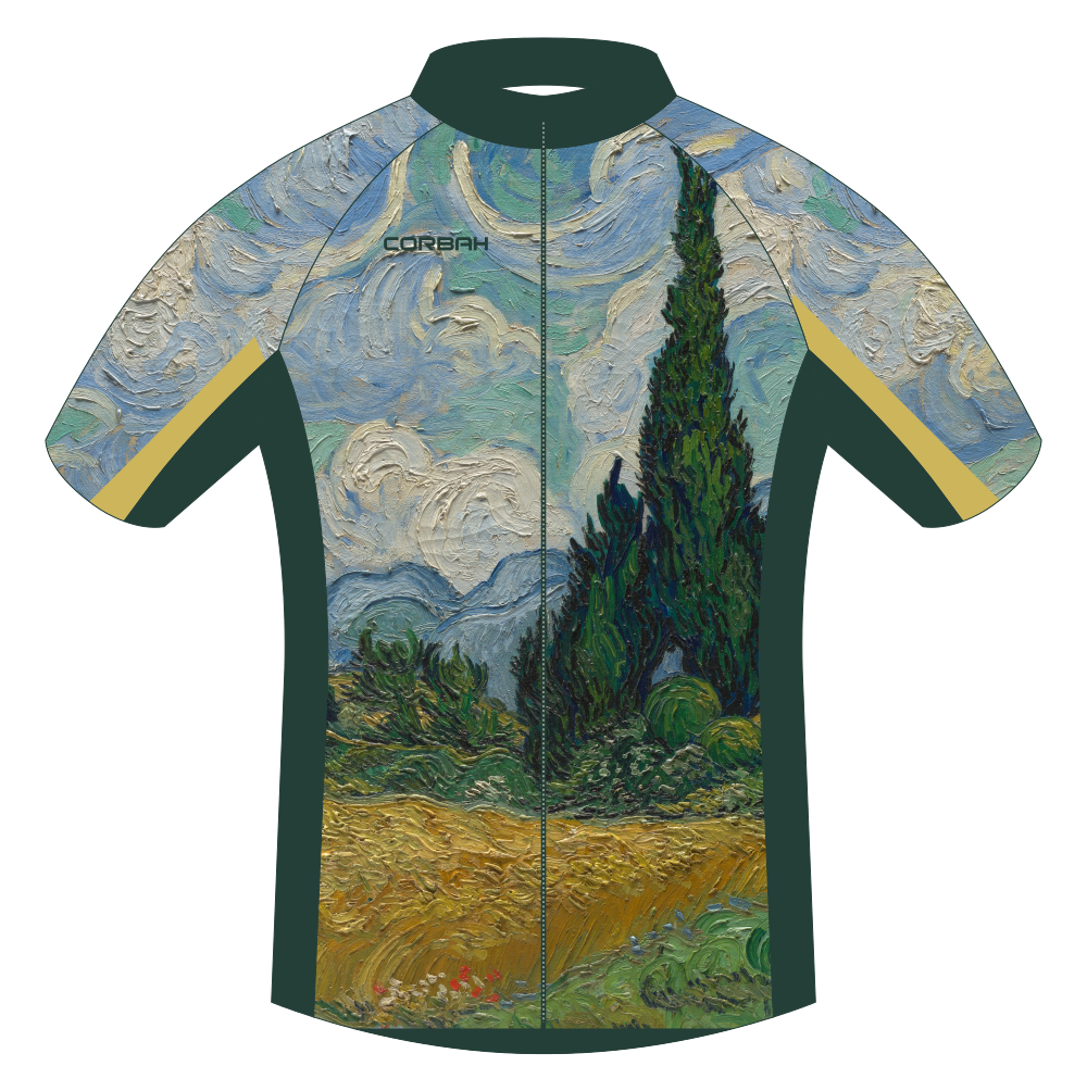 Corbah Cypress jersey front with blue painted sky, dark cypresses, gold wheat and green trim.