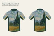 Front and back design proof of the Corbah Cypress / Summer Wind jersey, after Van Gogh's Wheat Field with Cypresses.