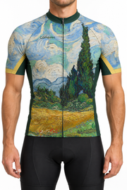 Studio visualization of a model wearing the Corbah Cypress / Summer Wind cycling jersey.