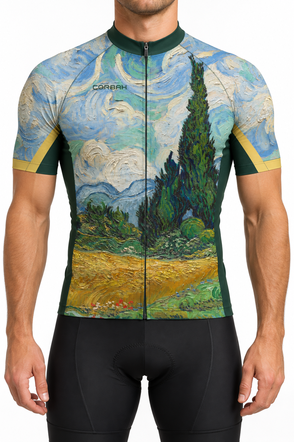 Studio visualization of a model wearing the Corbah Cypress / Summer Wind cycling jersey.