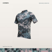 Weekend Warrior digital camo cycling jersey, front: pixel camo in charcoal, slate, sage and dusty rose with Corbah lettering down the side.