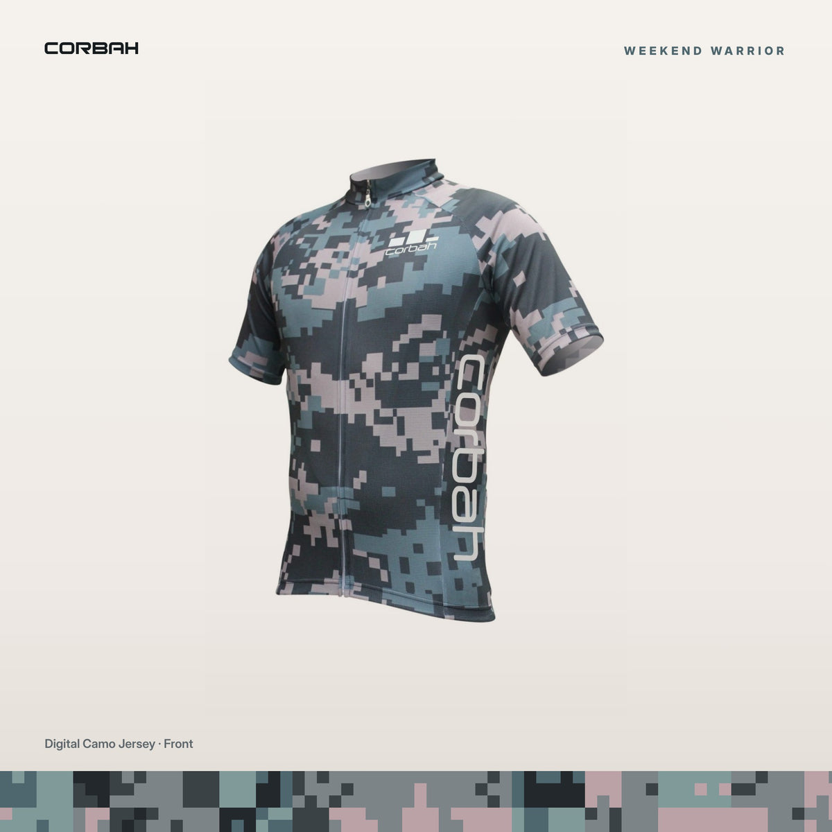 Weekend Warrior digital camo cycling jersey, front: pixel camo in charcoal, slate, sage and dusty rose with Corbah lettering down the side.