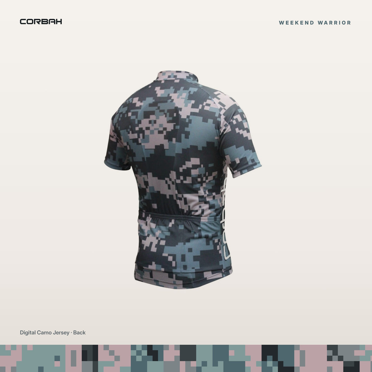Weekend Warrior digital camo cycling jersey, back view with three rear pockets.