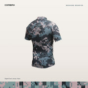 Weekend Warrior digital camo cycling jersey, back view with three rear pockets.