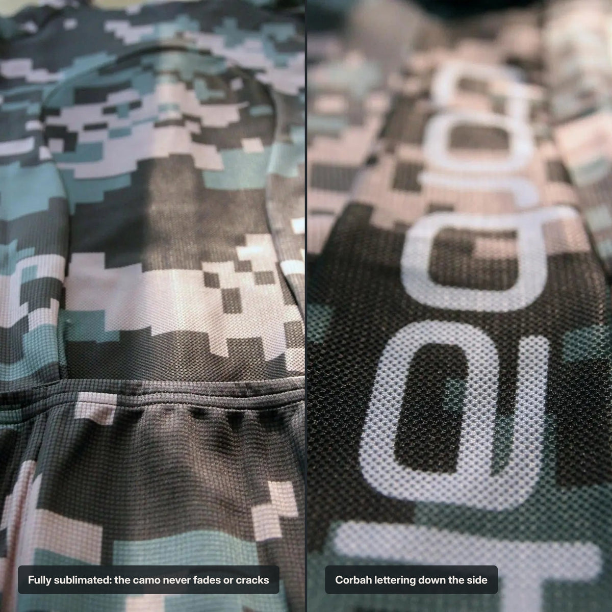 Close-ups of the sublimated digital camo fabric and the Corbah lettering on the side of the jersey.