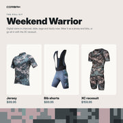 The full Weekend Warrior kit: camo jersey $99.95, bib shorts $89.95 and XC racesuit $159.95.