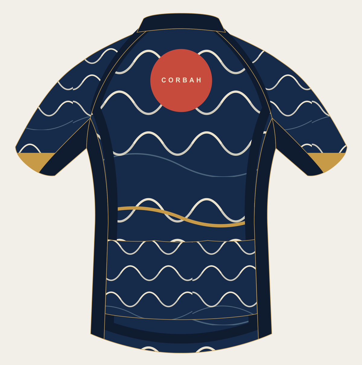 Back of the Corbah Koi Rising Current cycling jersey with the vermillion sun and Corbah mark over indigo waves.