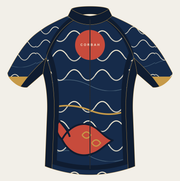 Front of the Corbah Koi Rising Current cycling jersey: ivory waves on indigo, a vermillion sun and a koi at the hem.