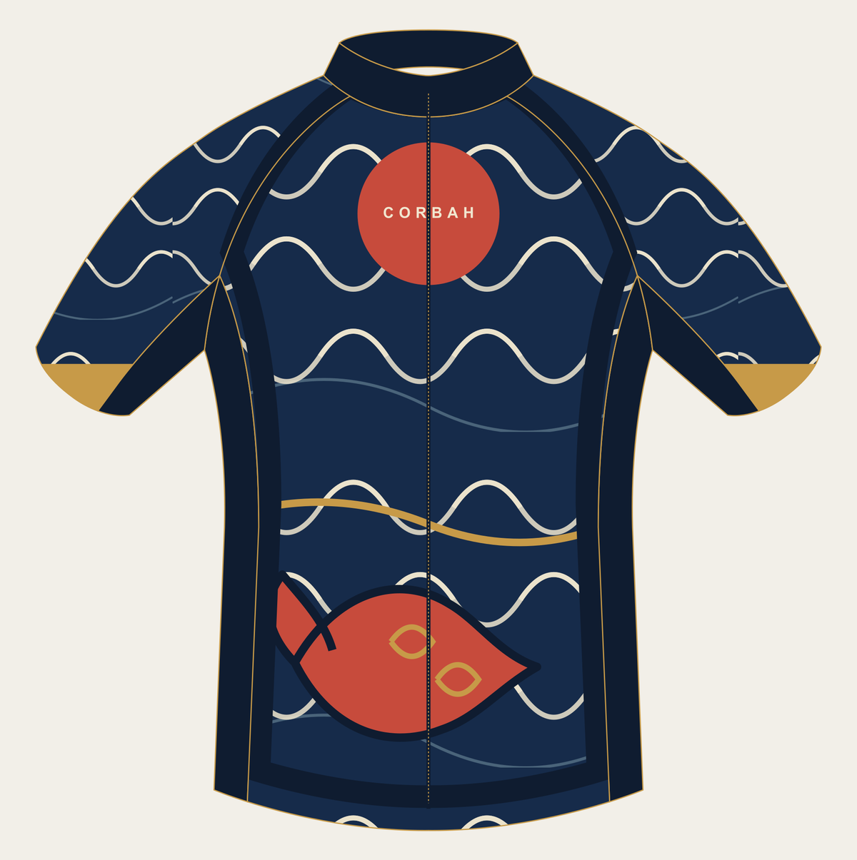 Front of the Corbah Koi Rising Current cycling jersey: ivory waves on indigo, a vermillion sun and a koi at the hem.