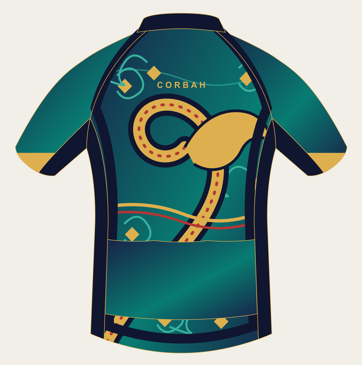 Back of the Corbah Naga Golden Current cycling jersey with the naga continuing across the back and gold Corbah lettering.