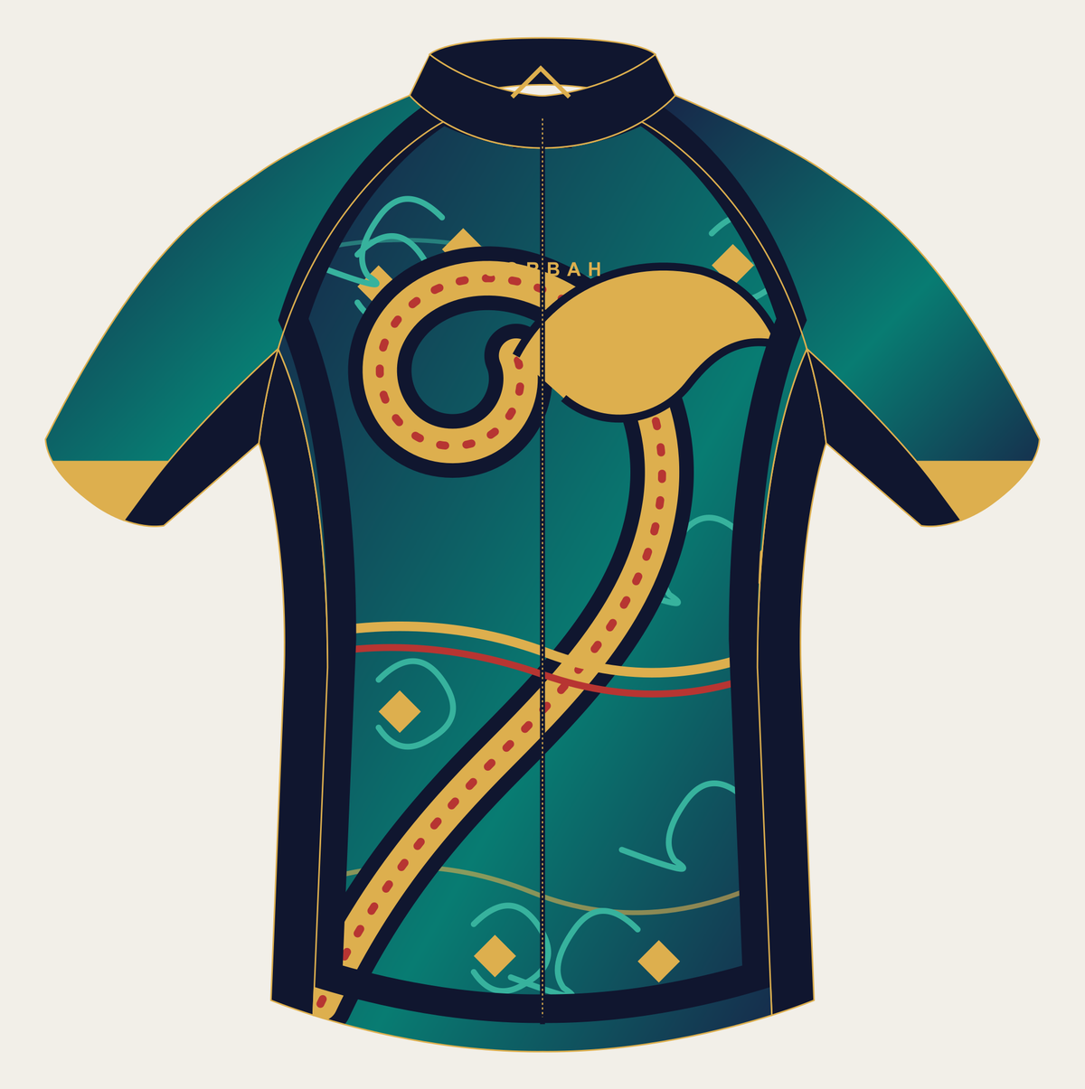 Front of the Corbah Naga Golden Current cycling jersey: a gold naga curling across emerald and indigo with lacquer-red accents.