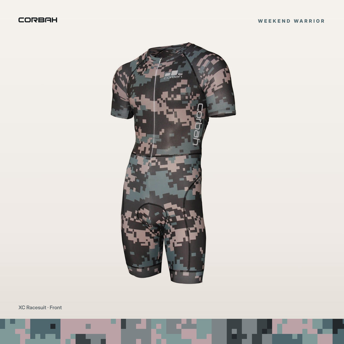Weekend Warrior digital camo XC racesuit, front.