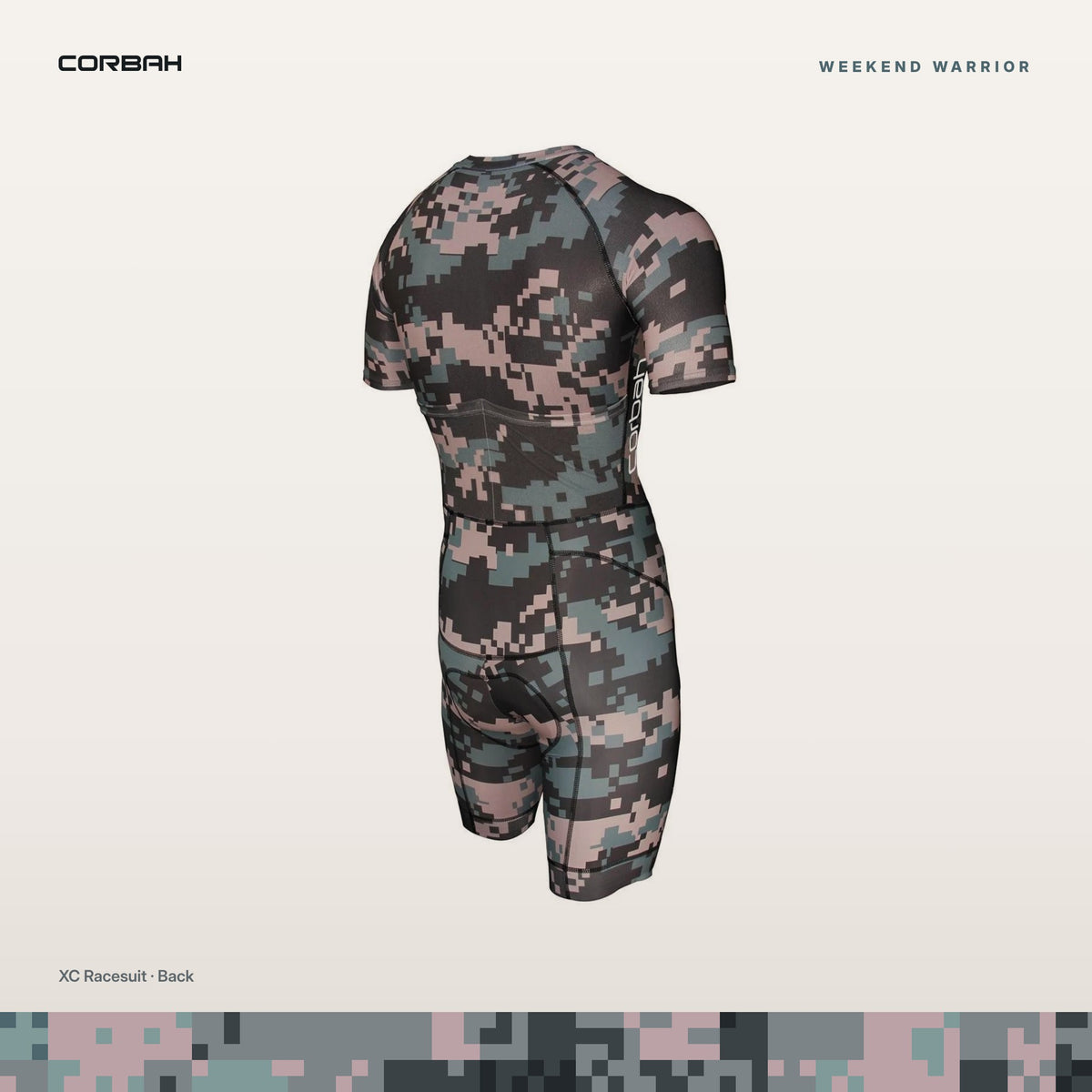 Weekend Warrior digital camo XC racesuit, back with two rear pockets.