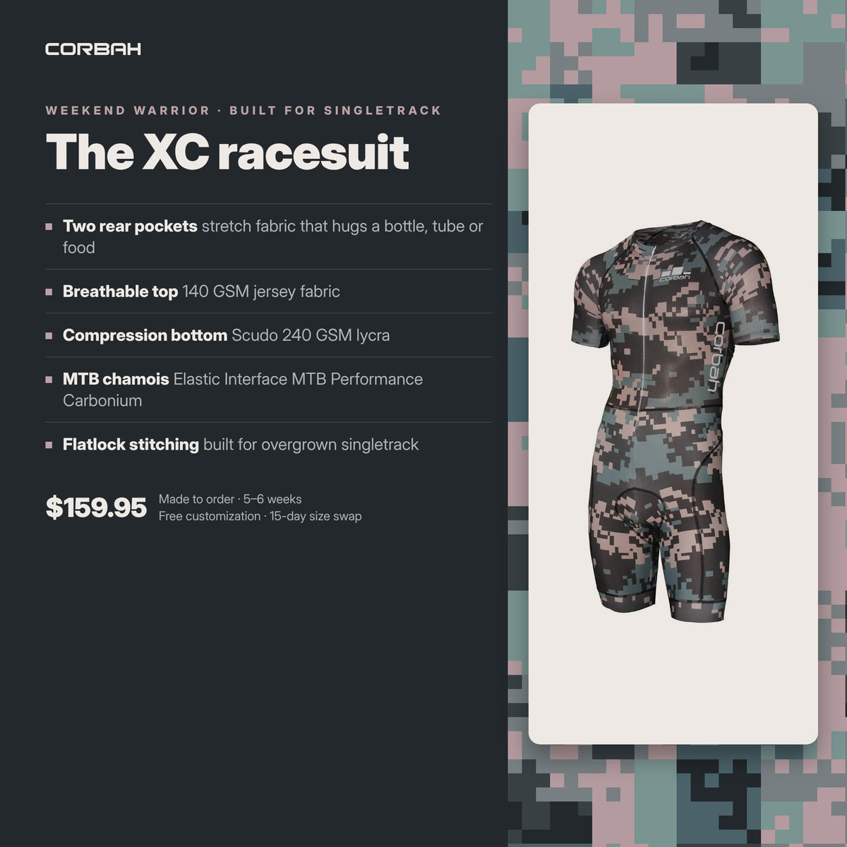 Weekend Warrior XC racesuit features: two rear pockets, breathable top, compression bottom, MTB chamois, flatlock stitching. $159.95.