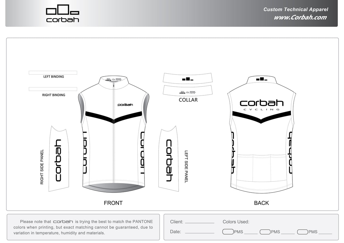 Design sheet for the GC wind vest: white with black chevron and Corbah lettering, front and back.
