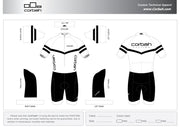 Design sheet for the GC Peloton Suit: white top with black chevron and Corbah lettering, black shorts.