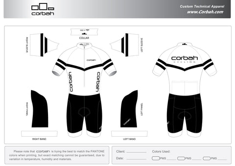 Design sheet for the GC Peloton Suit: white top with black chevron and Corbah lettering, black shorts.