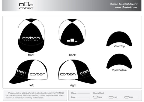 Design sheet for the GC cycling cap: black and white panels with Corbah lettering, front, back and side views.