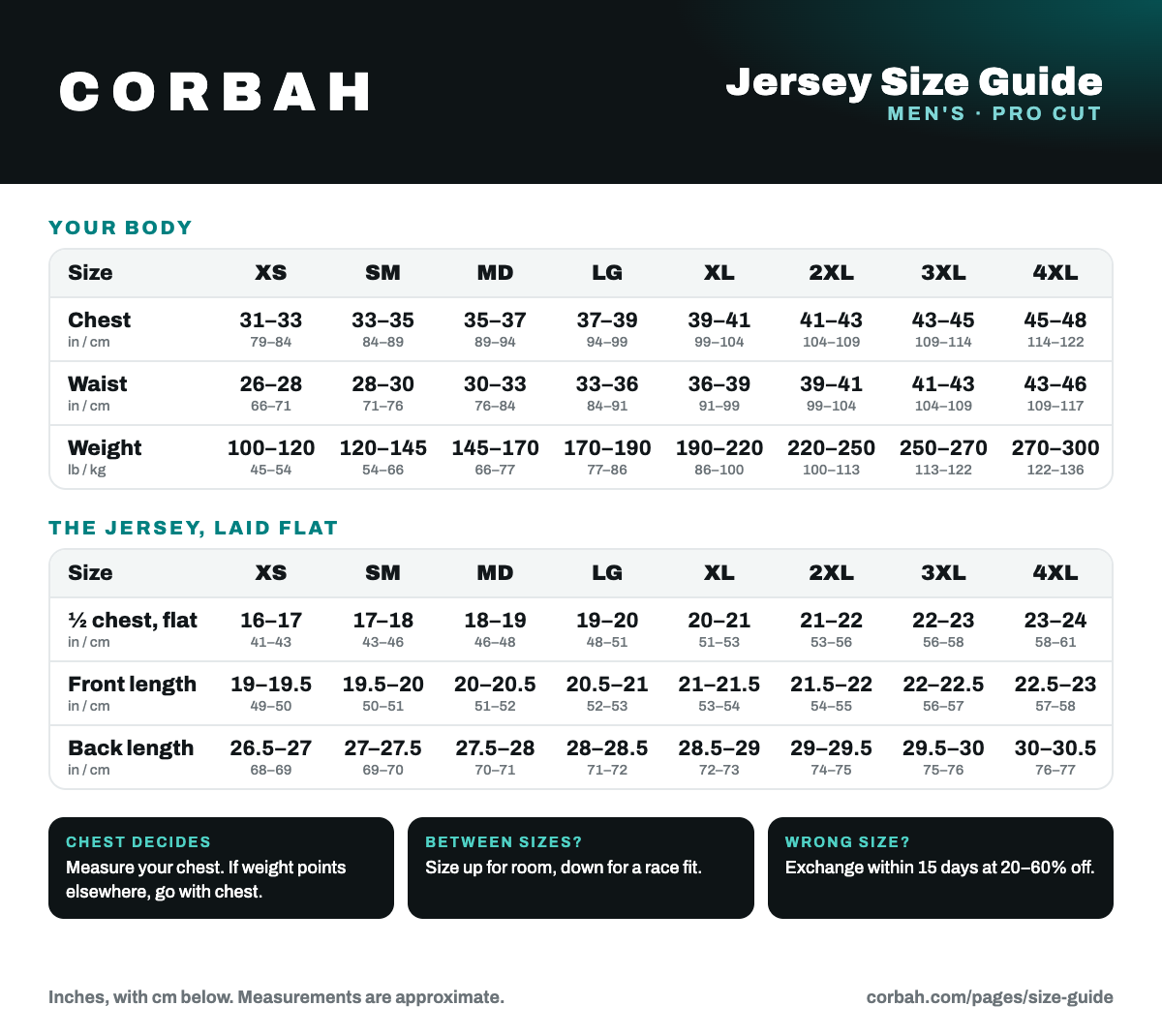 Corbah men's jersey size chart