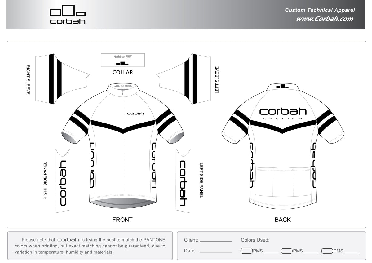 Design sheet for the GC cycling jersey: white with black chevron stripes and Corbah lettering on the sleeves.