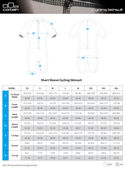 Corbah short sleeve skinsuit size chart with body measurements by size.