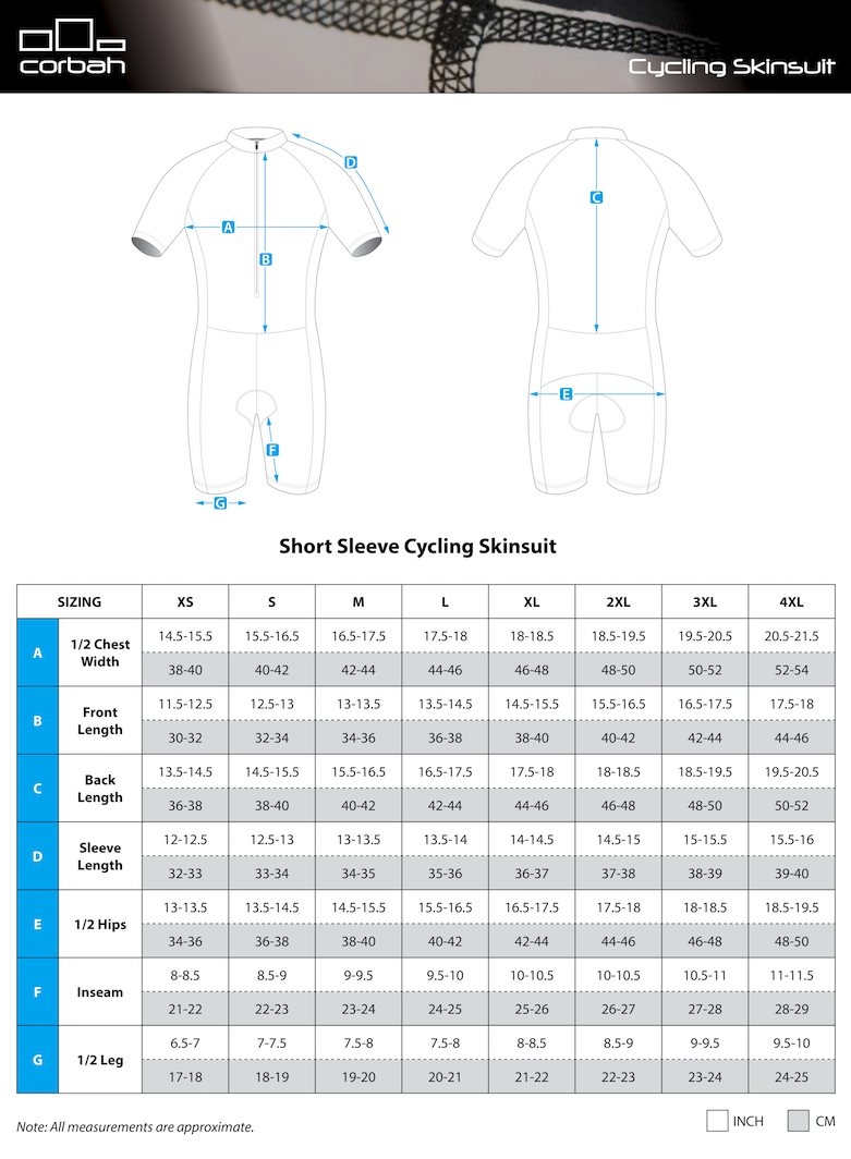 Corbah short sleeve skinsuit size chart with body measurements by size.